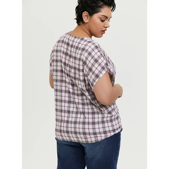 Torrid Womens Blouse 0 L 12 Berry Purple & Ivory Plaid Tie Front Midi Dolman NEW - Picture 2 of 7